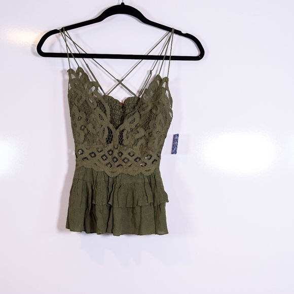 NEW Free People Adella Camisole Lace Crochet Applique Olive Sparrow Tank Top M - Picture 1 of 4